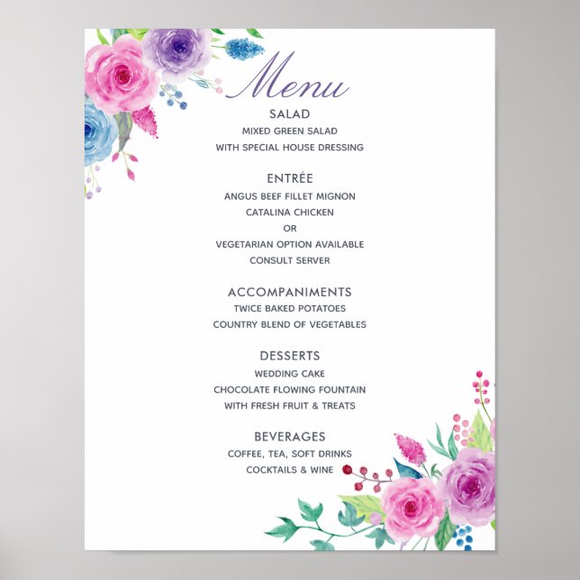 Ultra Violet Mix Vattenfärg Blommig Bröllopsmeny Poster (Framsidan)
