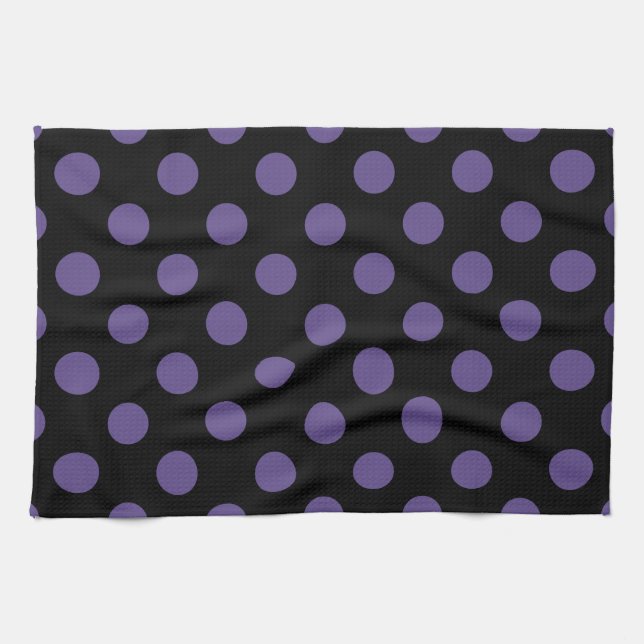Ultra violet polka dots på svart kökshandduk (Horisontell)