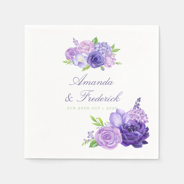 Ultra Violet Tema Vattenfärg Blommig Bröllop Pappersservett (Framsidan)