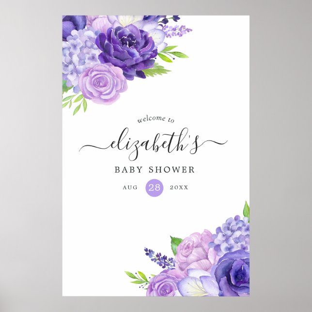 Ultra Violet Vattenfärg Blommig Baby Shower Välkom Poster (Framsidan)