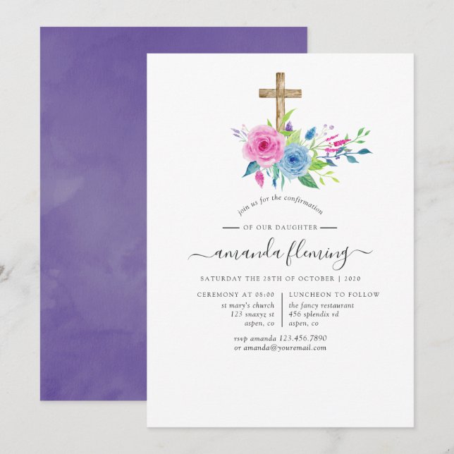Ultra Violet Vattenfärg Blommig Konfirmation Inbjudningar (Fram/baksida)