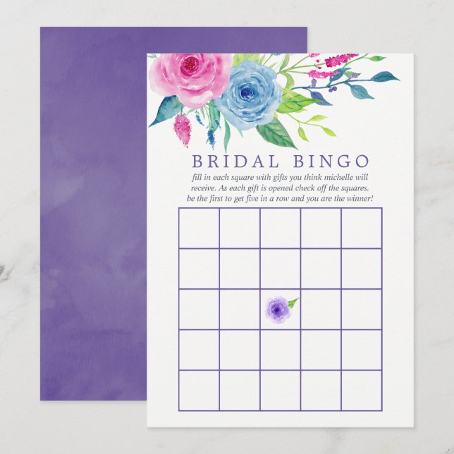 Ultra Violet Watercolor Blommig Bröllopsdusch Bing Inbjudningar (Fram/baksida)