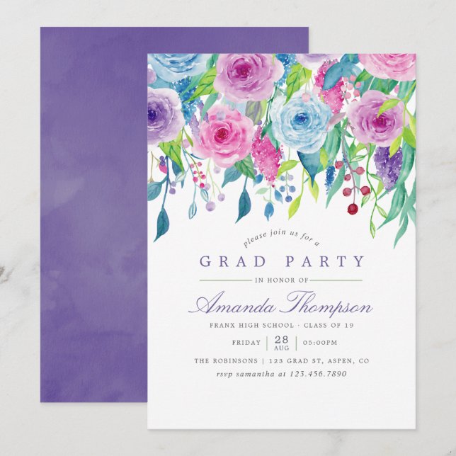 Ultra Violet Watercolor Blommig Examenfest Inbjudningar (Fram/baksida)