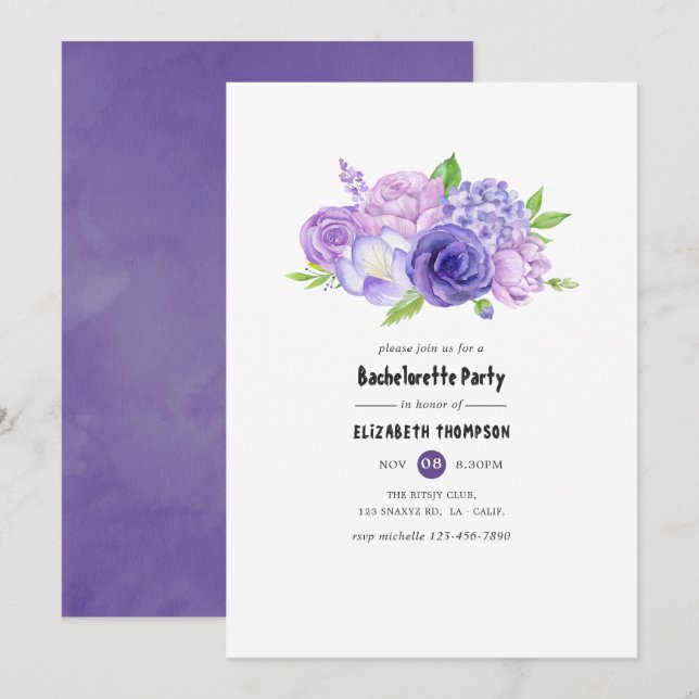 Ultra Violet Watercolor Blommigt Bachelorette Part Inbjudningar (Fram/baksida)