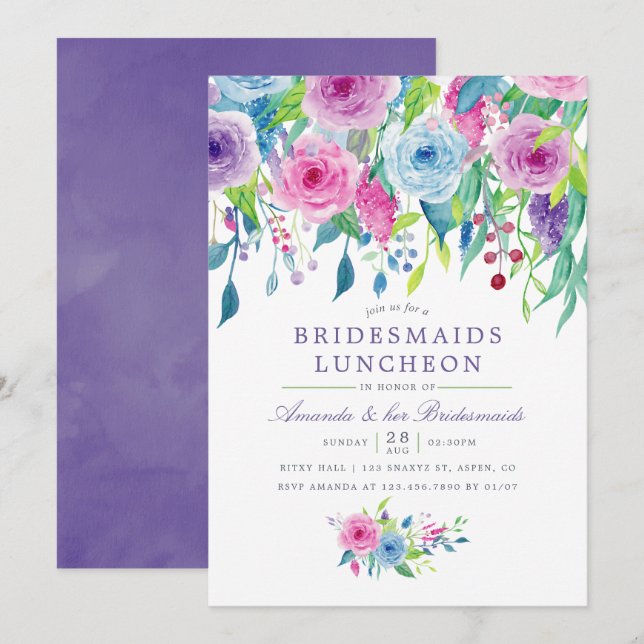 Ultra Violet Watercolor Blommigt Bridesmaid Lunche Inbjudningar (Fram/baksida)