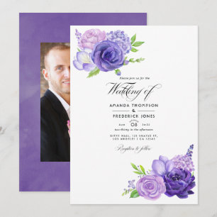 Ultra Violet Watercolor Blommigt Bröllop Photo Inbjudningar