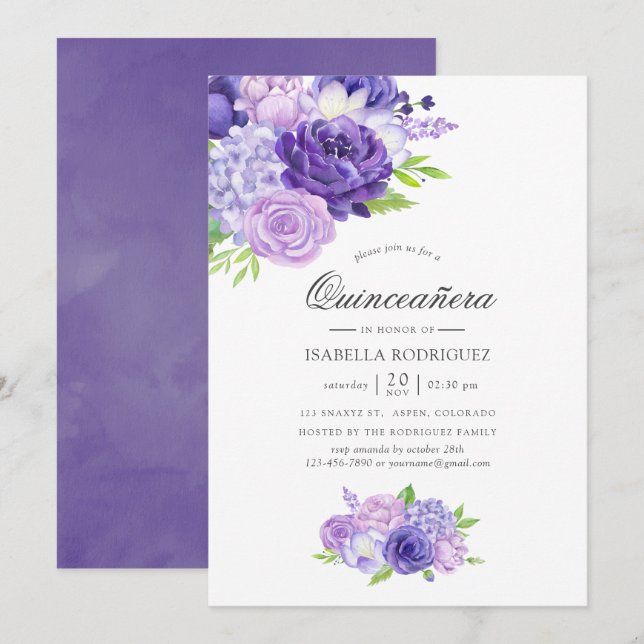 Ultra Violet Watercolor Blommigt Quinceañera Inbjudningar (Fram/baksida)