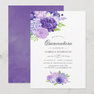 Ultra Violet Watercolor Blommigt Quinceañera Inbjudningar