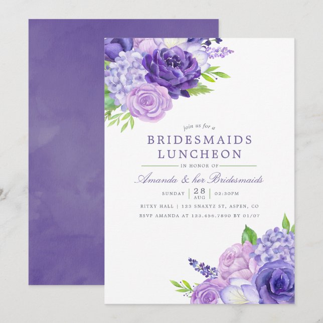 Ultra Violet Watercolor Bridesmaids Luncheon Inbjudningar (Fram/baksida)