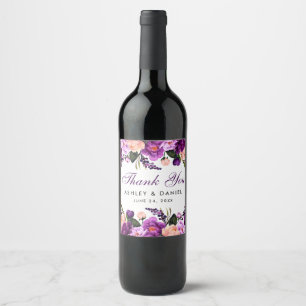Ultra Violett Blommig Vattenfärg Bröllop P Vinflaska Etikett