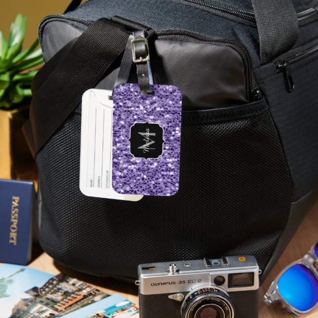 Ultra violett lila glittergnistrande monogram bagagebricka (Framsida & Baksida)