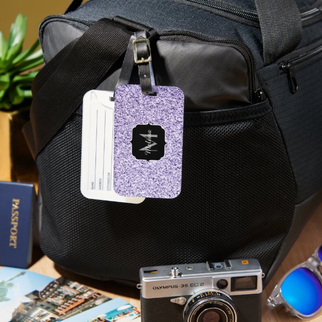 Ultra violett ljus lila glitter glitter Monogram Bagagebricka (Framsida & Baksida)