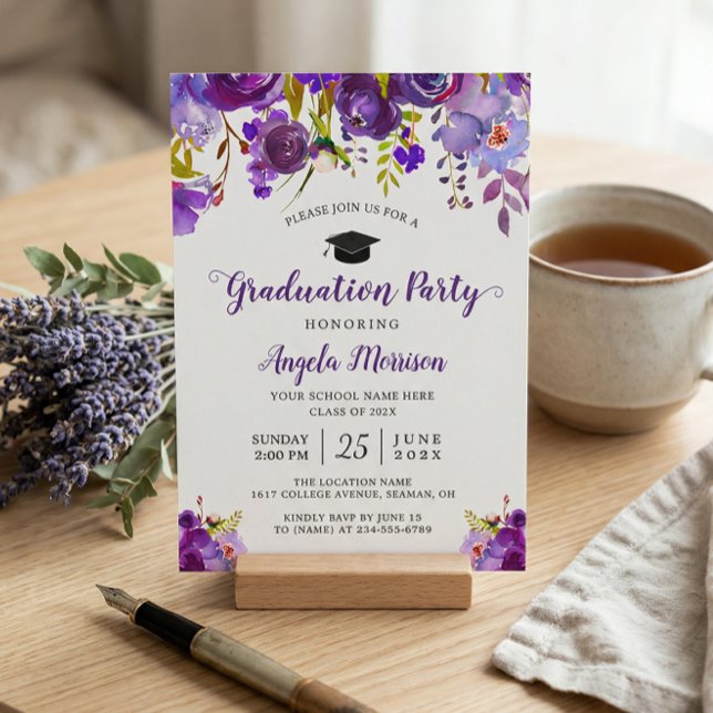 Ultra Violetta Blommiga Examenfest Inbjudningar (Skapare uppladdad)