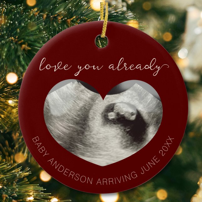 Ultraljudsmeddelande om Gravid Keepsak Heart Julgransprydnad Keramik ("love you already" ultrasound sonogram heart shape pregnancy reveal announcement christmas ornament)