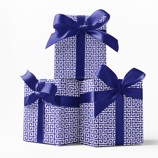 Ultramarine och Vita grekiska Nyckel Mönster Presentpapper (Ultramarine and White Greek Key Pattern Wrapping Paper)