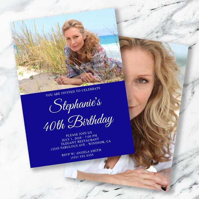 Ultramarine och White Elegant Script 40:e födelsed Inbjudningar (Cobalt Royal Blue and White Elegant Script 40th Birthday Invitation)