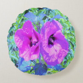 Ultrareviolett plommon Crazy Lila Hibiscus Flowers Rund Kudde