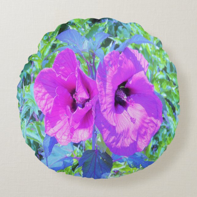 Ultrareviolett plommon Crazy Lila Hibiscus Flowers Rund Kudde (Framsidan)