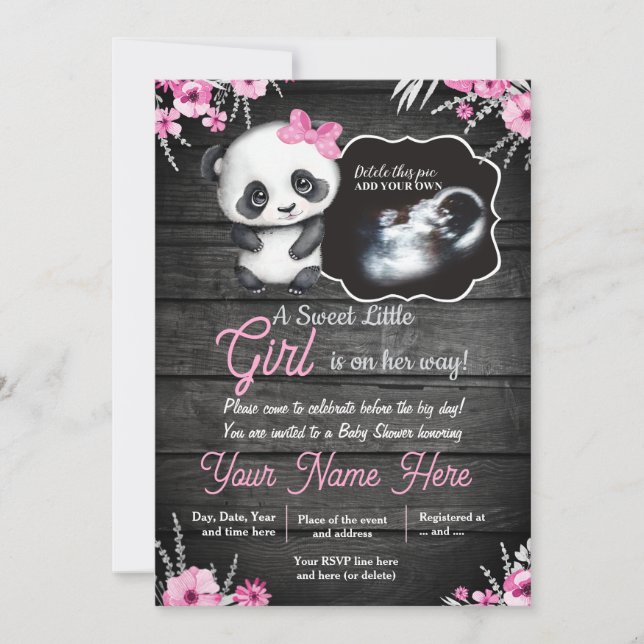 Ultrasound Girl Panda Baby Shower Flowers rustic Inbjudningar (Framsida)