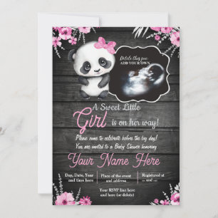 Ultrasound Girl Panda Baby Shower Flowers rustic Inbjudningar