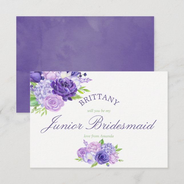 Ultraviolett Blommigt är min Junior Bridesmaid Inbjudningar (Fram/baksida)