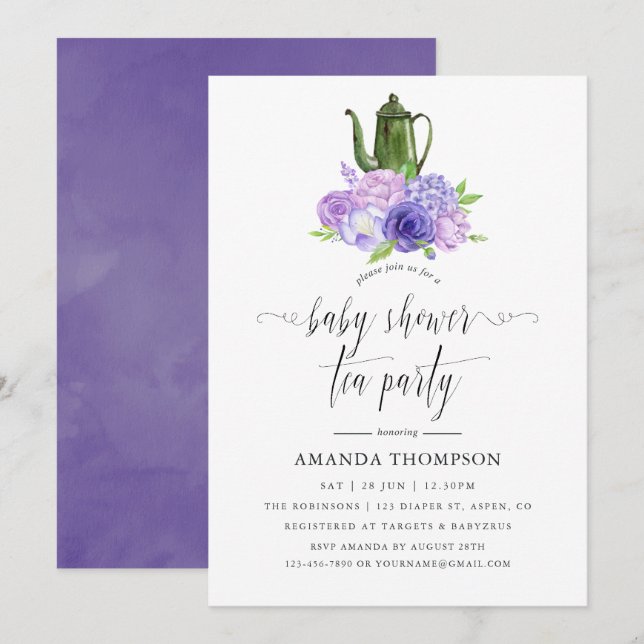 Ultraviolett Blommigt Baby Shower Tea Party Inbjudningar (Fram/baksida)