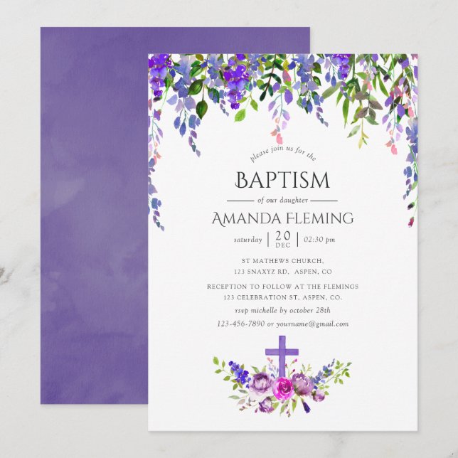 Ultraviolett Blommigt Baptism eller Christing Inbjudningar (Fram/baksida)