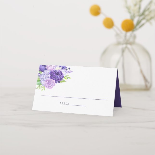 Ultraviolett Blommigt Bröllop Bordsnummer Placeringskort (Framsida)