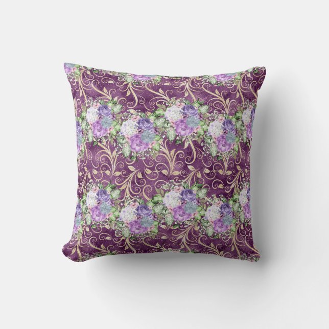 Ultraviolett Blommigt Watercolor Mönster Kudde (Framsida)