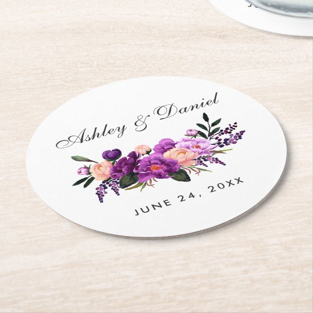 Ultraviolett Lila Blommigt Vattenfärg Bröllop Underlägg Papper Rund (Vinklad)