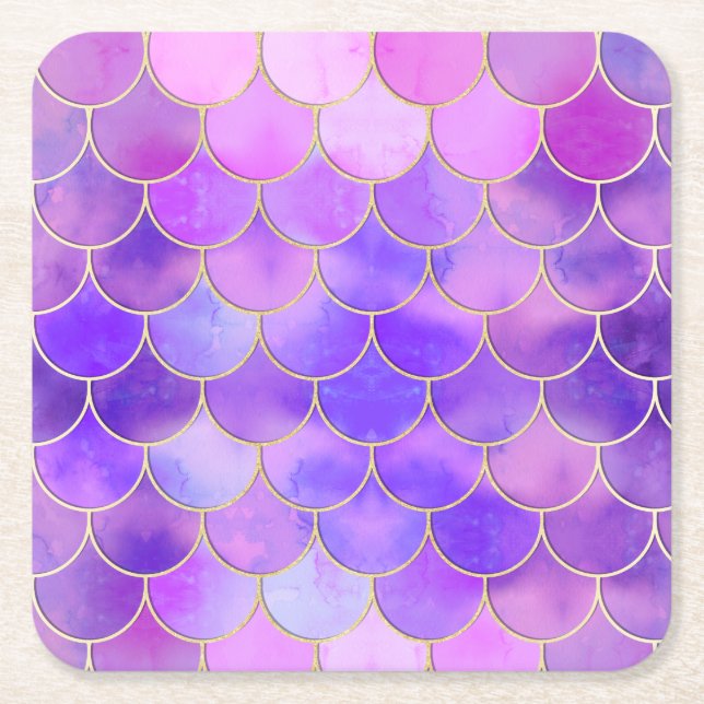 Ultraviolett och Guld Sjöjungfru  Mönster Underlägg Papper Kvadrat (Framsidan)