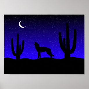 Ulvhylande öken nattsilhuett poster