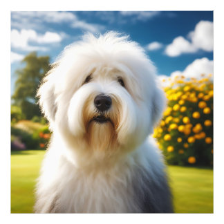 Um Old English Sheepdog no Jardim Florido Fototryck