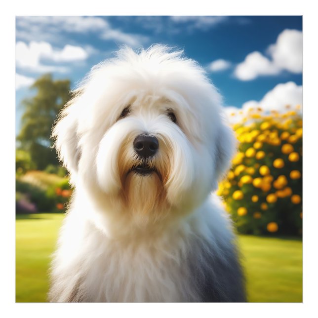 Um Old English Sheepdog no Jardim Florido Fototryck (Framsidan)
