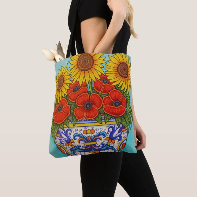 Umbria Bouquet Poppy Solros Allover Tote Bag Tygkasse (Närbild)