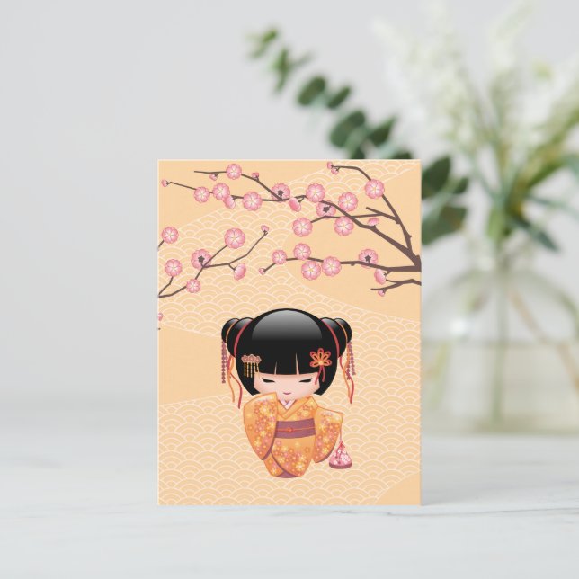 Ume Kokeshi Docka - Japansk Flicka Geisha av Körsb Vykort (Stående Fram)