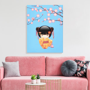 Ume Kokeshi Docka - Japansk Geisha Flicka Blå Canvastryck