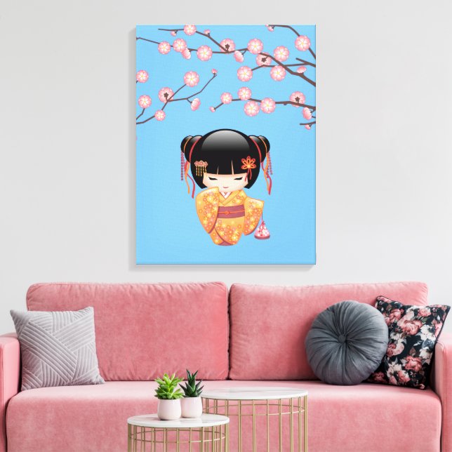 Ume Kokeshi Docka - Japansk Geisha Flicka Blå Canvastryck (Insitu (Vardagsrum))