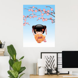 Ume Kokeshi Docka - Japansk Geisha Flicka Blå Poster