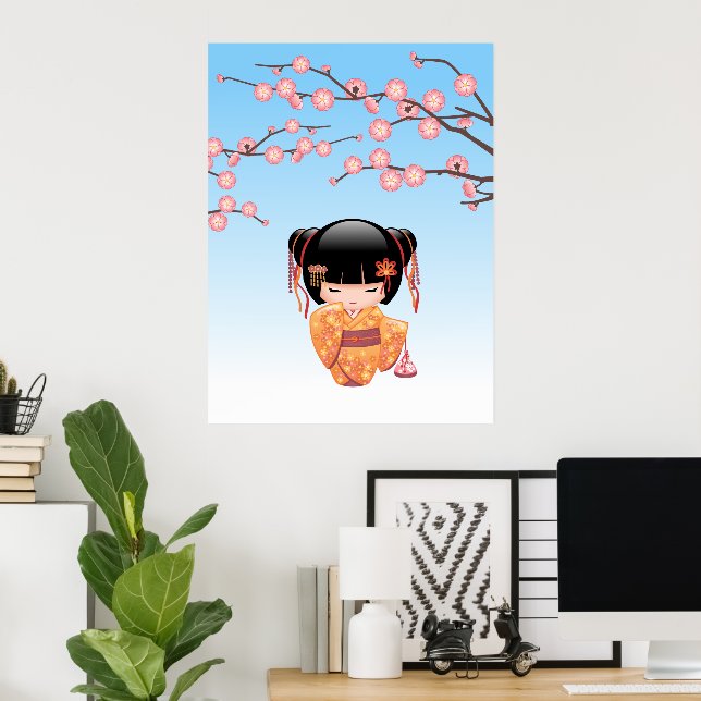 Ume Kokeshi Docka - Japansk Geisha Flicka Blå Poster (Hemmakontoret)