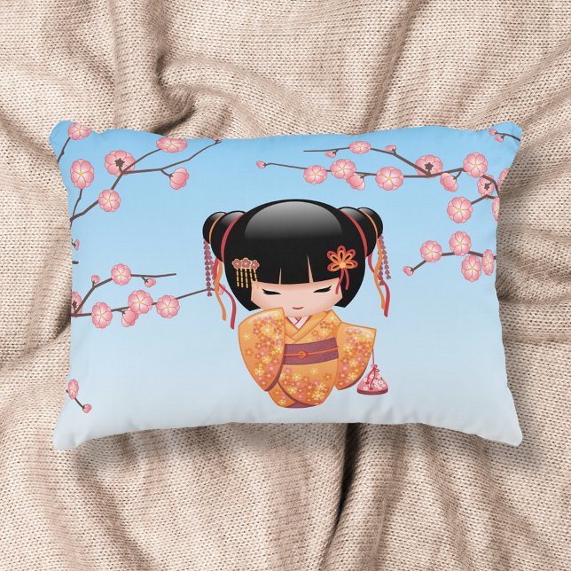 Ume Kokeshi Docka - Japansk Geisha Flicka Blå Prydnadskudde (Skapare uppladdad)