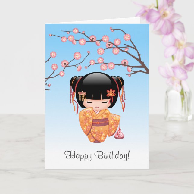 Ume Kokeshi Doll - Japansk Geisha Blue Birthday Kort (Orkide)