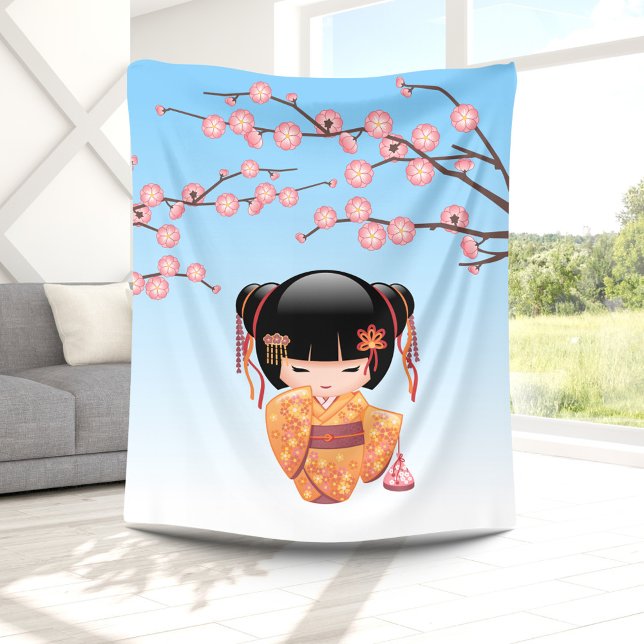 Ume Kokeshi Doll - Japansk Geisha Girl Blue Fleecefilt (Skapare uppladdad)