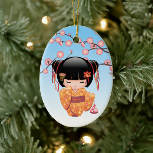Ume Kokeshi Doll - Japansk Geisha Girl Blue Julgransprydnad Keramik