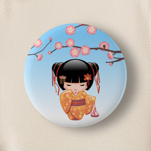 Ume Kokeshi Doll - Japansk Geisha Girl Blue Knapp