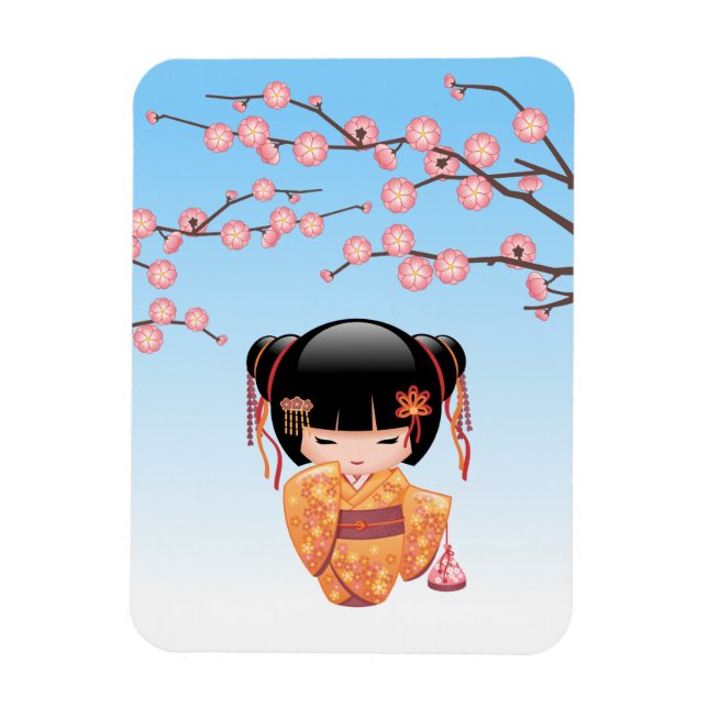 Ume Kokeshi Doll - Japansk Geisha Girl Blue Magnet (Vertikal)