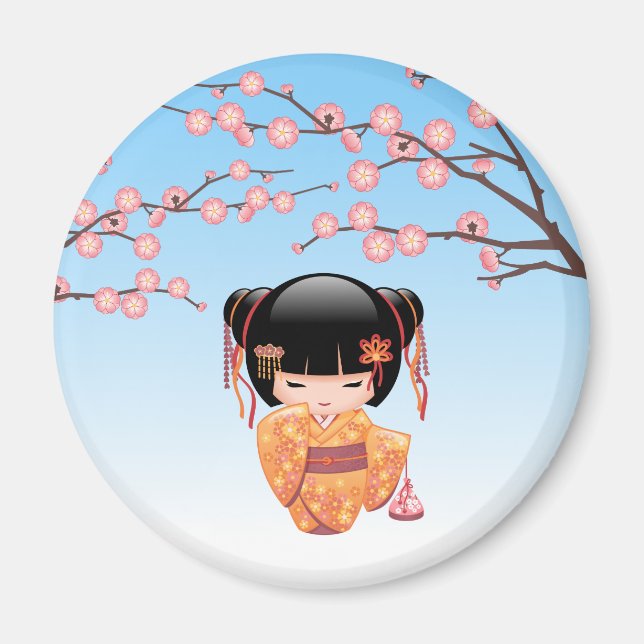 Ume Kokeshi Doll - Japansk Geisha Girl Blue Magnet (Framsidan)