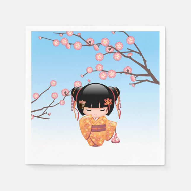 Ume Kokeshi Doll - Japansk Geisha Girl Blue Pappersservett (Framsidan)