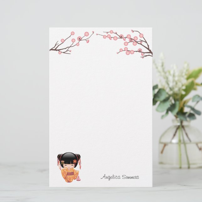 Ume Kokeshi Doll - Japansk Peach Geisha Girl Brevpapper (Stående Fram)