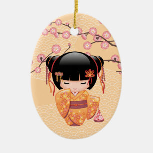Ume Kokeshi Doll - Japansk Peach Geisha Girl Julgransprydnad Keramik